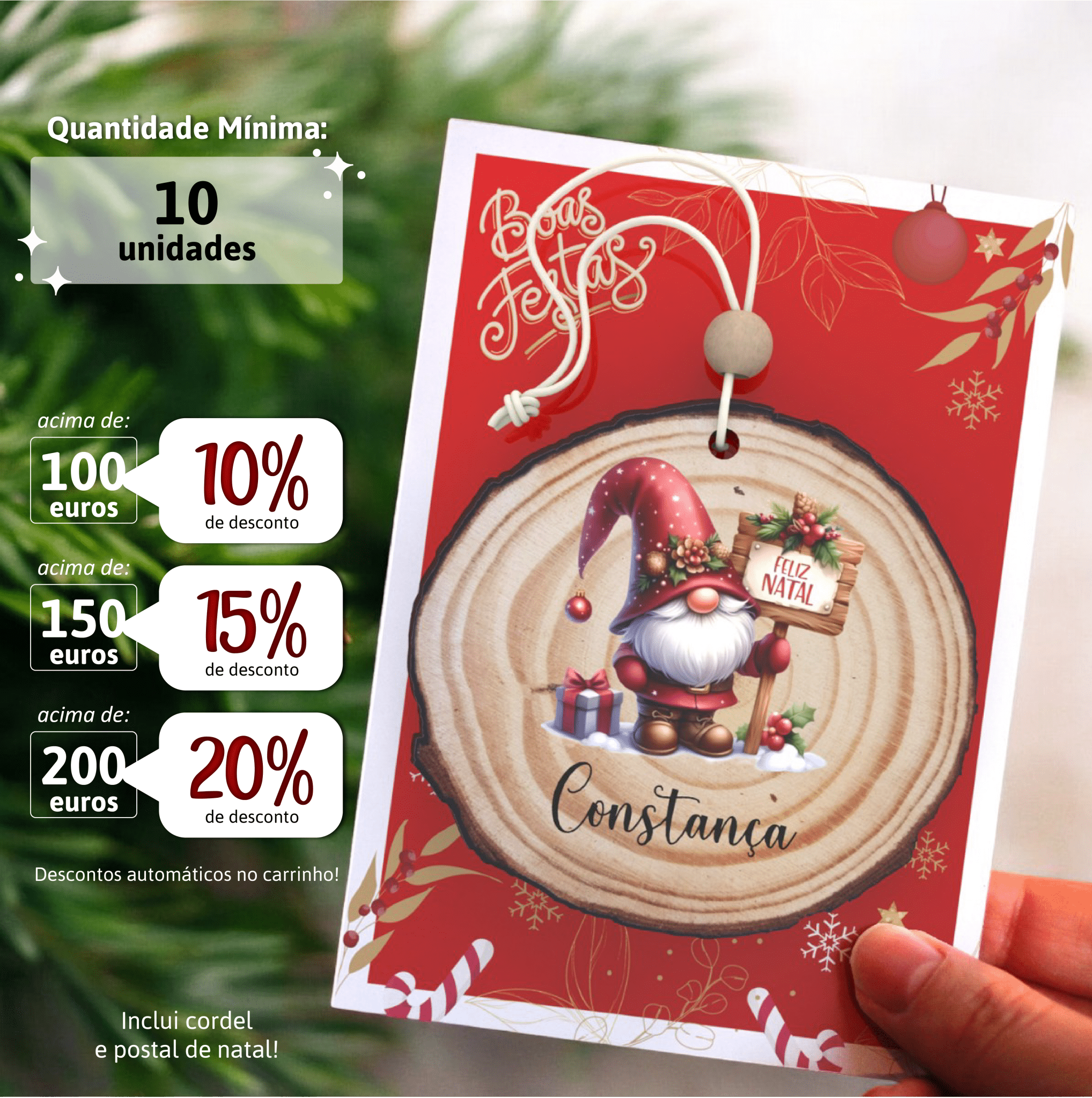 Bola Tronco de Árvore Personalizada com Gnomo de Natal - Modelo 2 (min. 10unidades) - Laser Madeira